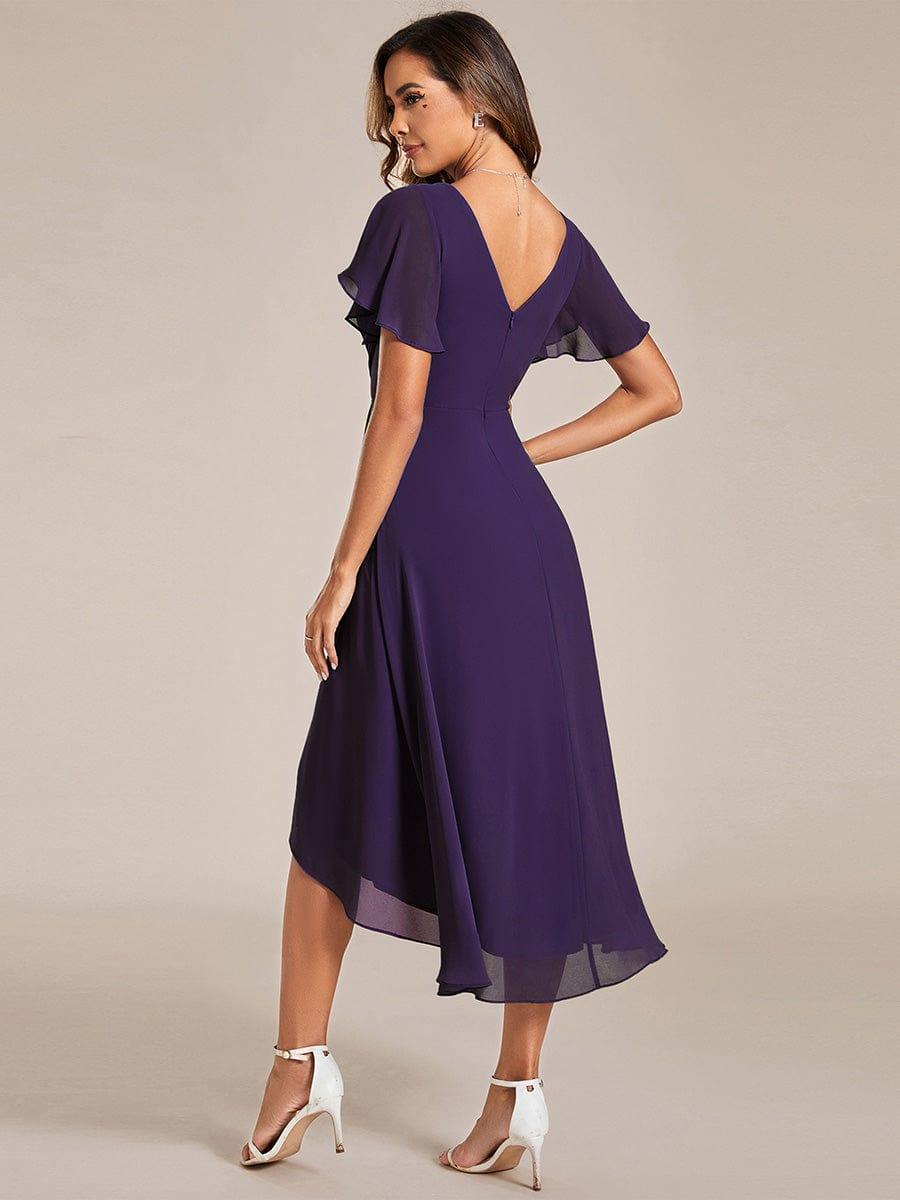 Chiffon Hoch-Tief Hochzeitsgastkleid mit V-Ausschnitt und kurzen Ärmeln 117