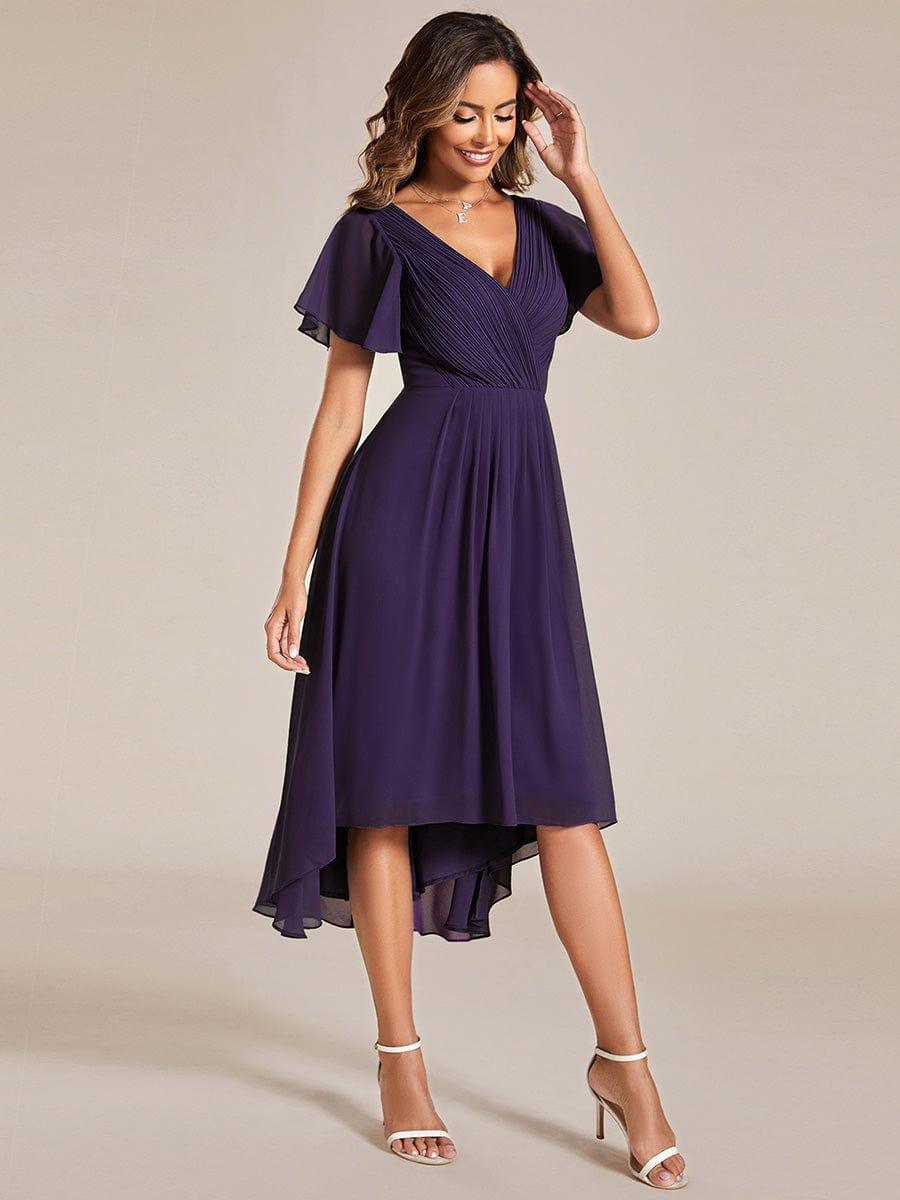 Chiffon Hoch-Tief Hochzeitsgastkleid mit V-Ausschnitt und kurzen Ärmeln 116