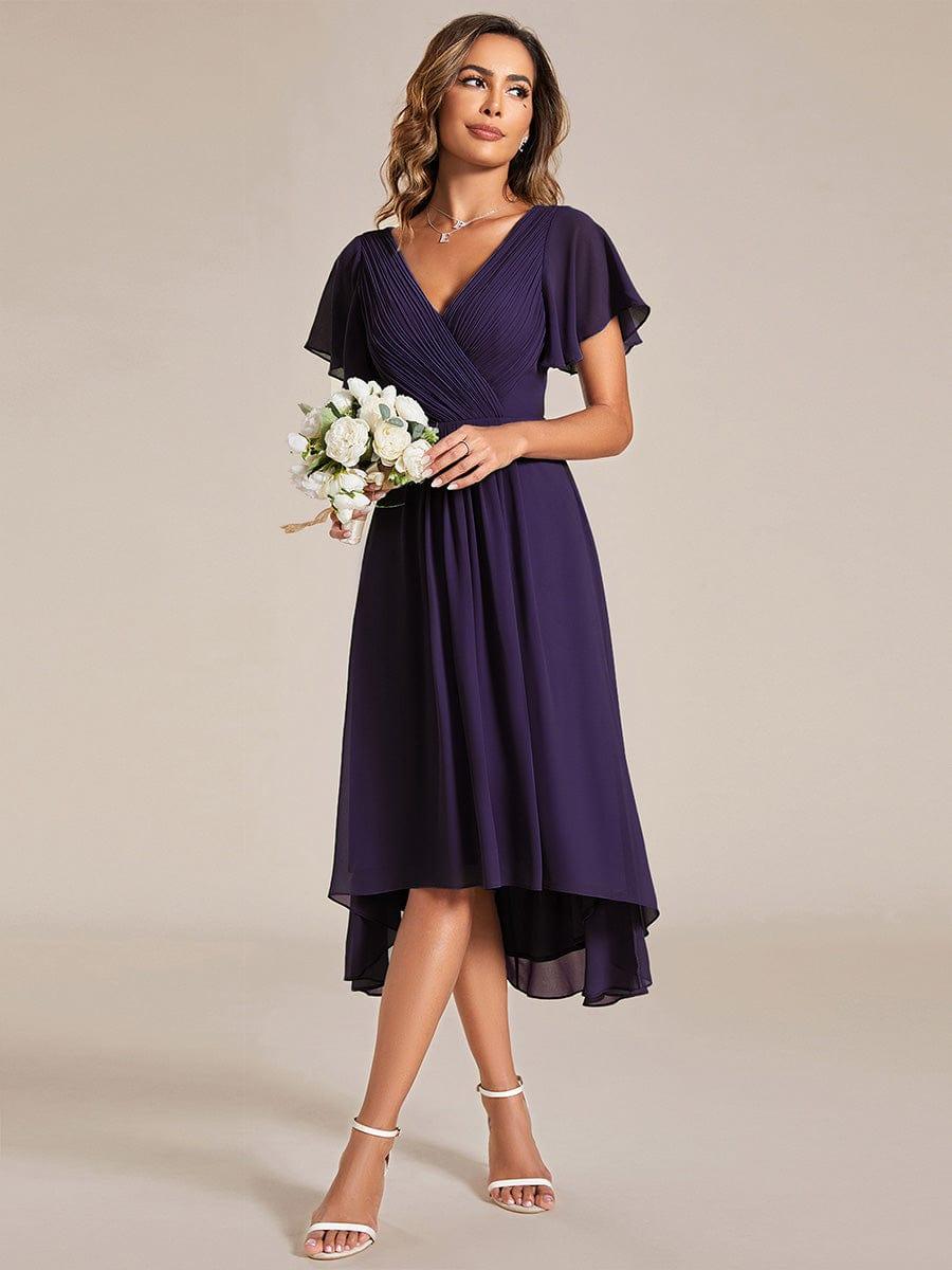Chiffon Hoch-Tief Hochzeitsgastkleid mit V-Ausschnitt und kurzen Ärmeln 119