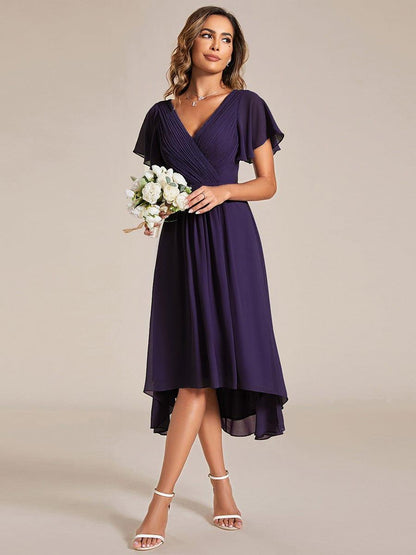 Chiffon Hoch-Tief Hochzeitsgastkleid mit V-Ausschnitt und kurzen Ärmeln 119