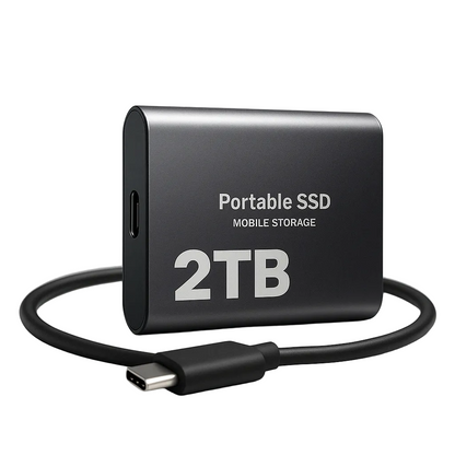 Externe SSD in Schwarz mit Metallgehäuse und USB-C-Anschluss, mit aufgerolltem schwarzem USB-C-Kabel.