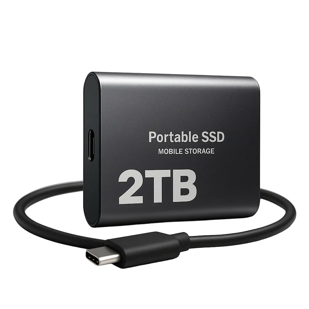Schwarze externe SSD mit aufgerolltem USB-C-Kabel vor weißem Hintergrund, Produktfoto mit Schriftzug auf dem Gehäuse 1