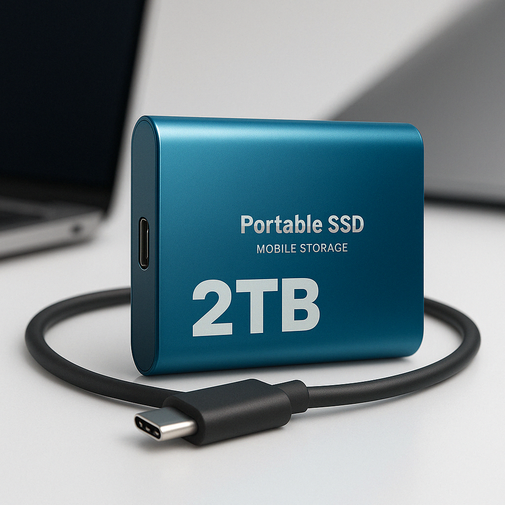 Blaue SSD mit aufgerolltem schwarzem USB-C-Kabel auf einem hellen Schreibtisch mit unscharfem Laptop im Hintergrund.