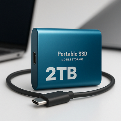 Blaue SSD mit aufgerolltem schwarzem USB-C-Kabel auf einem hellen Schreibtisch mit unscharfem Laptop im Hintergrund.