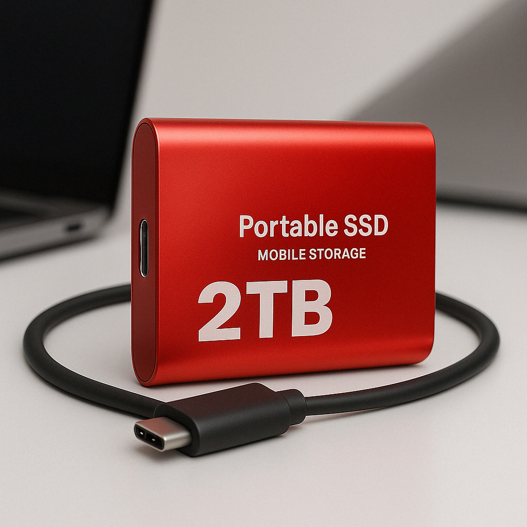 Rote SSD mit aufgerolltem schwarzem USB-C-Kabel auf einem hellen Schreibtisch mit unscharfem Laptop im Hintergrund.