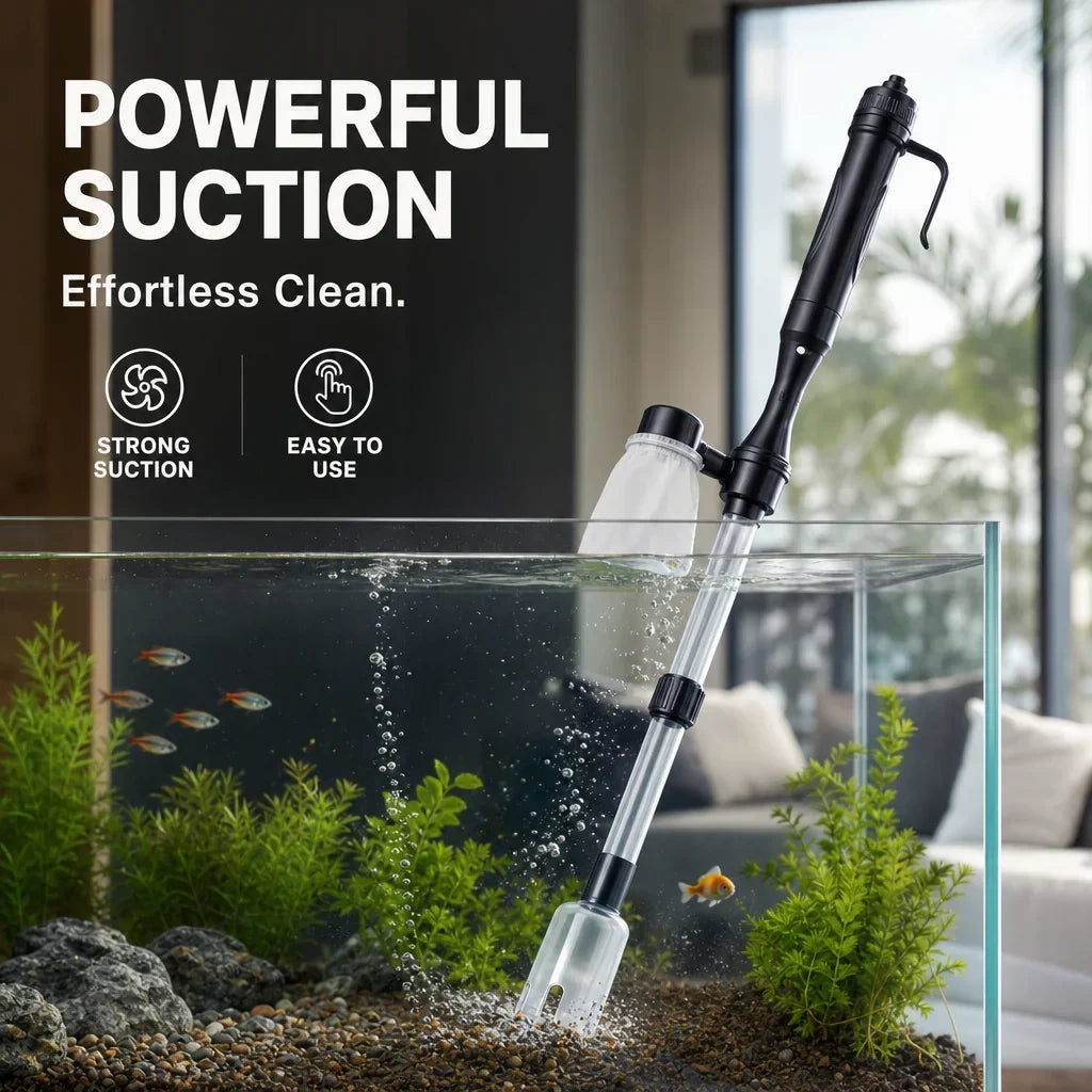 Schwarzer Aquarien-Kiesreiniger mit Filterbeutel im bepflanzten Aquarium.