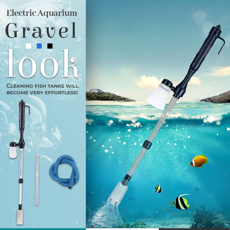 Aquarien-Kiesreiniger mit Filterbeutel im Wasser vor tropischen Fischen.