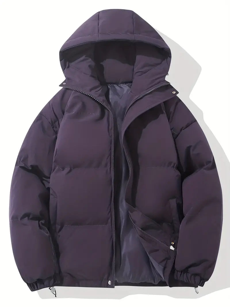 Dunkelblaue warme Kapuzenjacke, klassisches Design, Wintermode, Herrenbekleidung.