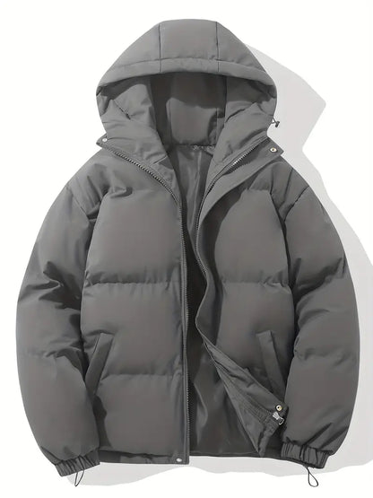 Graue warme Kapuzenjacke, klassisches Design, Wintermode, Reißverschluss, Unisex.