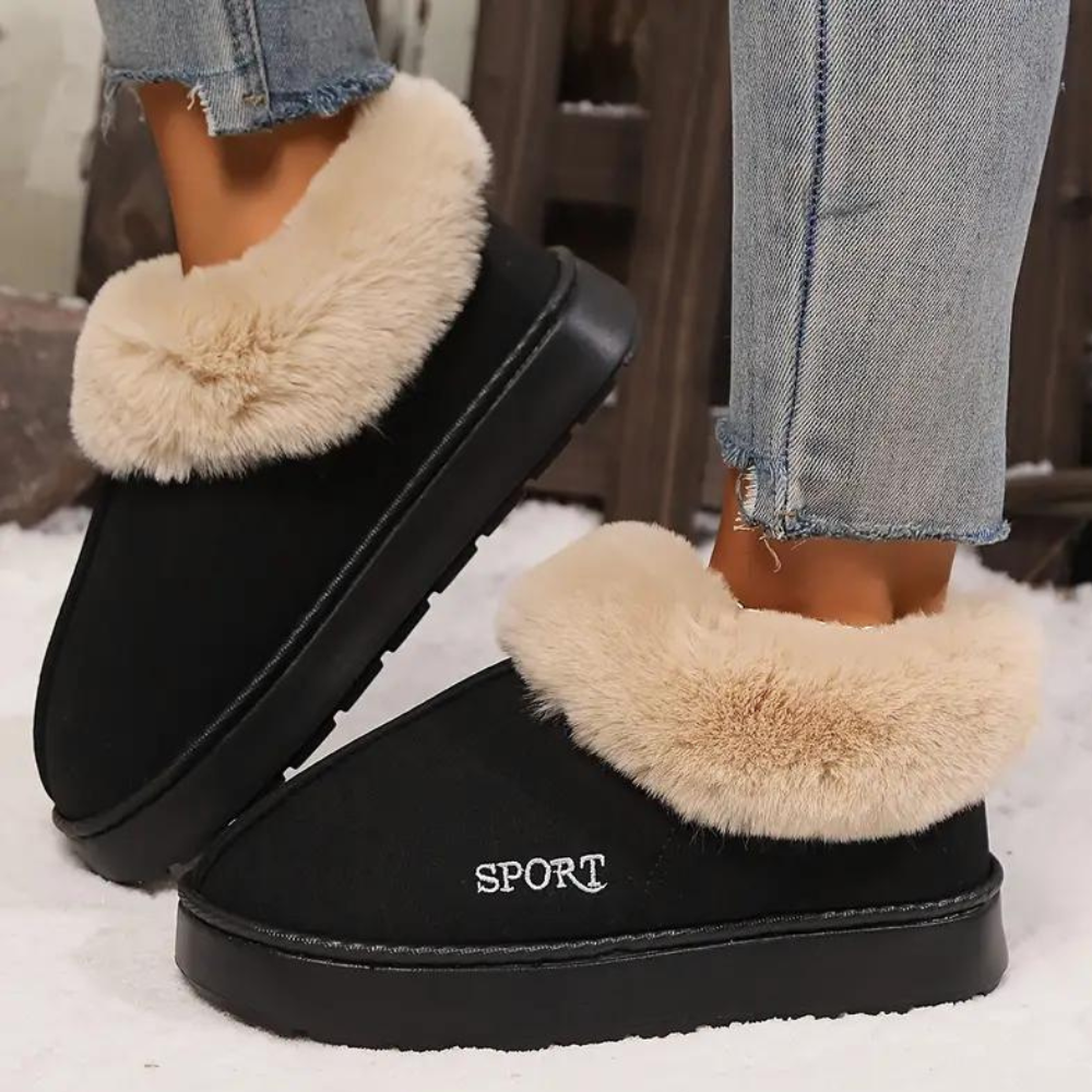 Schwarze Hausschuhe mit Kunstfell, rutschfeste Sohle, warm, bequem, für Damen, Wintermode.
