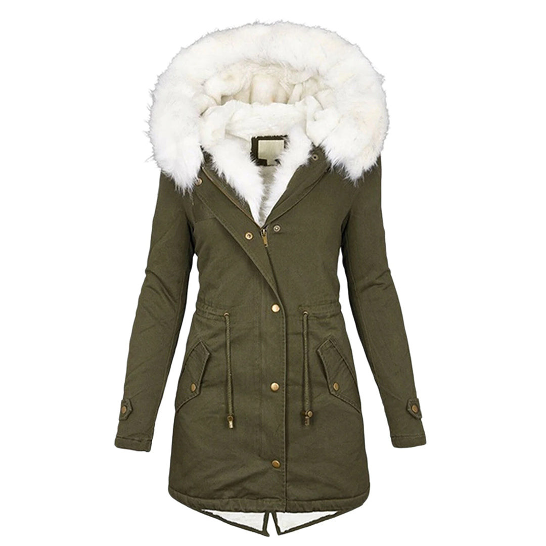 Grüne Winterjacke mit weißem Kunstfellkragen, Damenmantel, warm, modisch, Outdoor-Bekleidung.