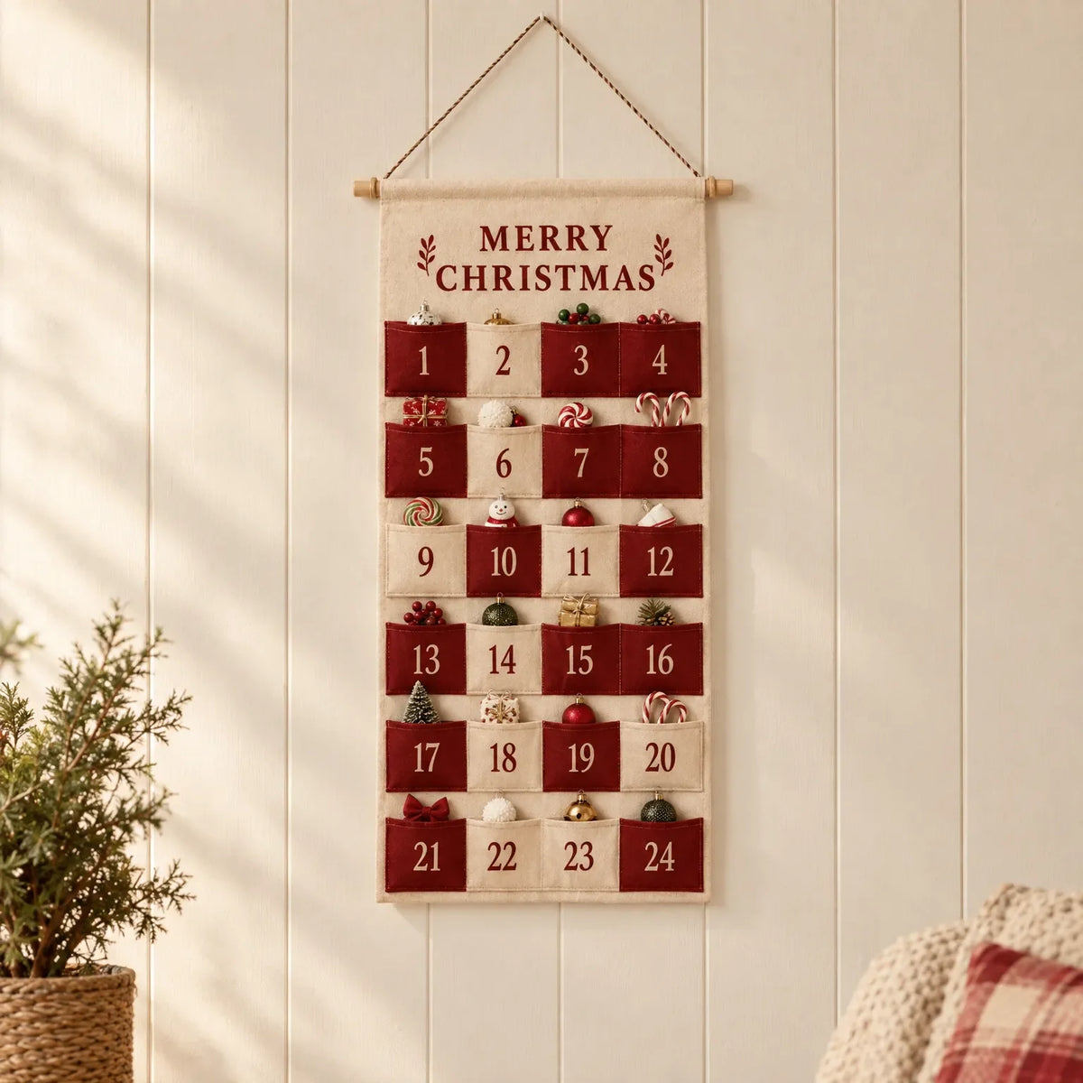 Rot-beiger Stoff-Adventskalender mit 24 Taschen hängt an einer hellen Holzwand, daneben ein Zweig im Korb und ein Kissen. 1