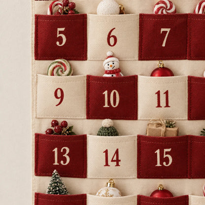 Nahaufnahme der Taschen 5 bis 15 mit grober Stoffstruktur und Nähten, darin ein Schneemann, Zuckerstangen, Kugeln und ein Päckchen. 3