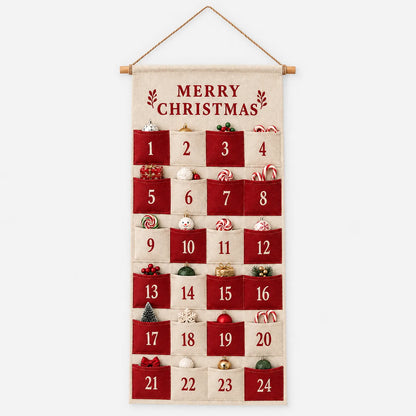Gesamtansicht des hängenden Kalenders mit rot und beige abwechselnden Taschen, jede mit Zahl und kleinen Weihnachtsfiguren als Füllung. 4