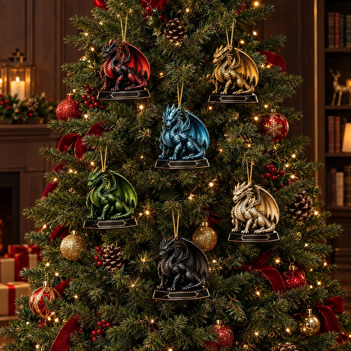 Sechs bunte Drachenanhänger an goldenen Fäden hängen an einem festlich geschmückten Weihnachtsbaum mit Lichterkette, Kugeln und roten Schleifen. 1