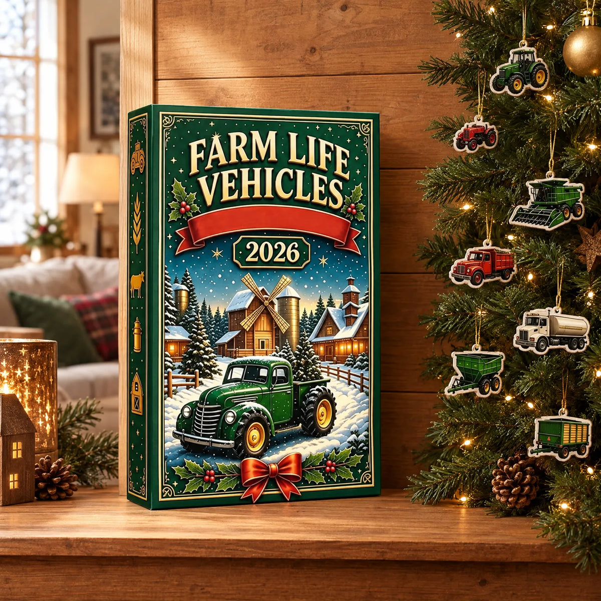 Grüne Weihnachtsbox mit Winter-Bauernhofmotiv auf einem Holzregal, daneben ein beleuchteter Tannenbaum mit Anhängern in Form von Traktoren und Landmaschinen. 1