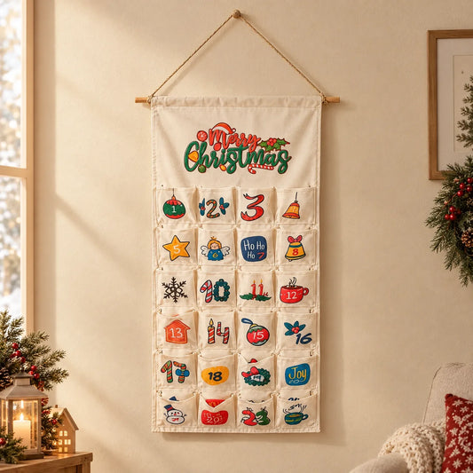 Stoff-Adventskalender mit 24 Taschen an Holzstab und Jutekordel an einer Wand im weihnachtlich dekorierten Wohnzimmer aufgehängt. 1