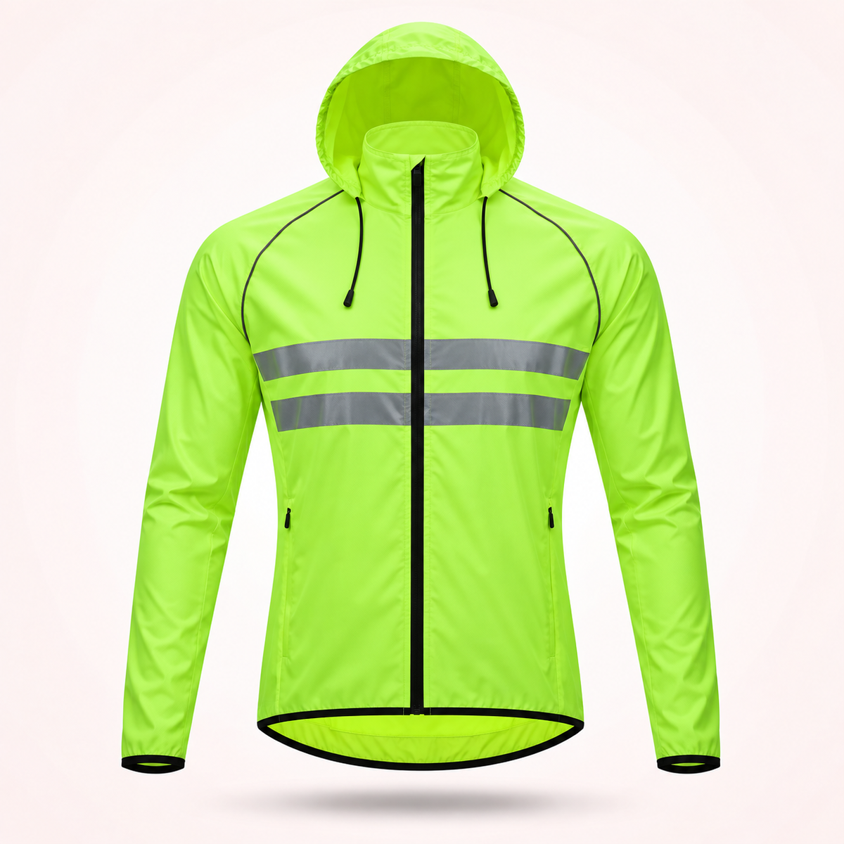 Neongelbe Fahrradjacke mit Kapuze und Zugbändern in der Frontansicht, mit zwei grauen Reflexstreifen und schwarzem Saumabschluss. 19