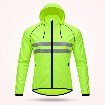 Neongelbe Fahrradjacke mit Kapuze und Zugbändern in der Frontansicht, mit zwei grauen Reflexstreifen und schwarzem Saumabschluss. 19