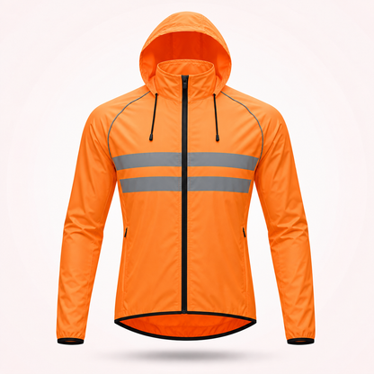 Orange Fahrradjacke mit Kapuze und Zugbändern in der Frontansicht, mit zwei grauen Reflexstreifen und Reißverschlusstaschen. 20