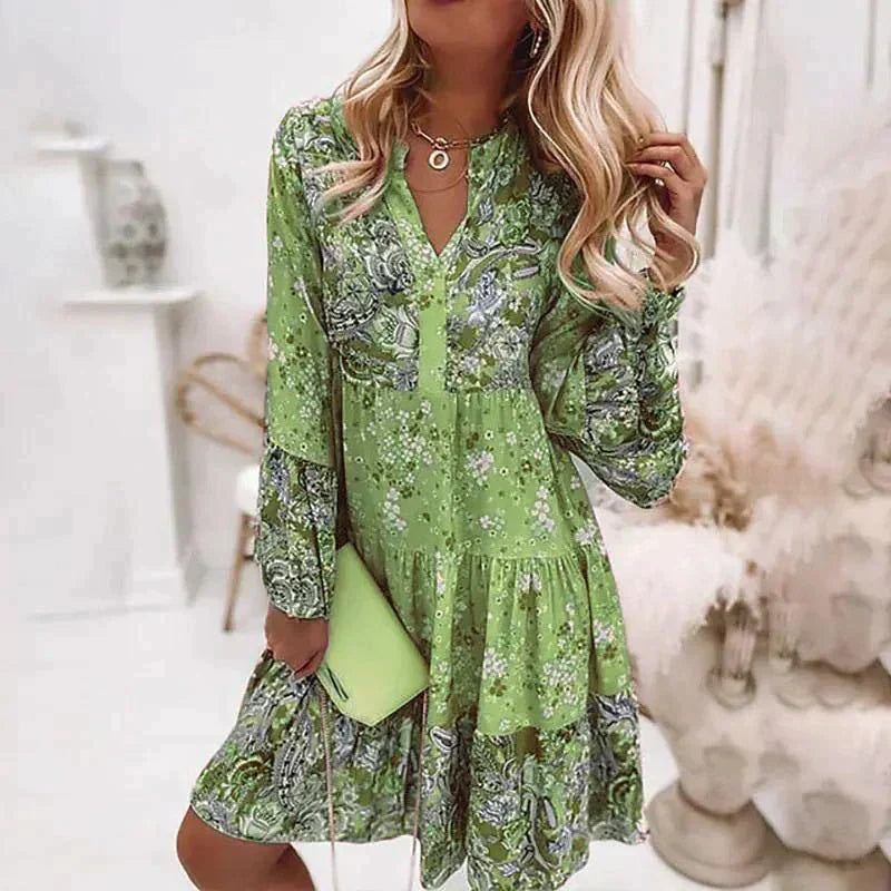 Blumenmuster Midi Kleid mit langen Ärmeln und Knopfleiste – Amelise