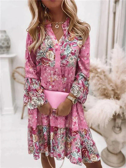Blumenmuster Midi Kleid mit langen Ärmeln und Knopfleiste – Amelise