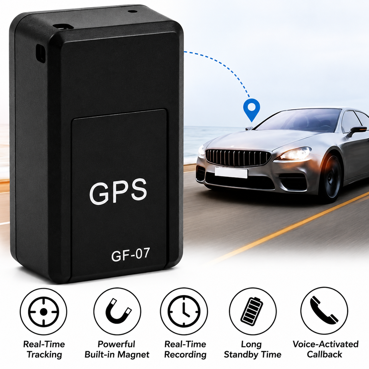 Großaufnahme des schwarzen Trackers vor einer Küstenstraße mit grauem Auto und Standortsymbol, darunter fünf Symbole für die Funktionen. 4