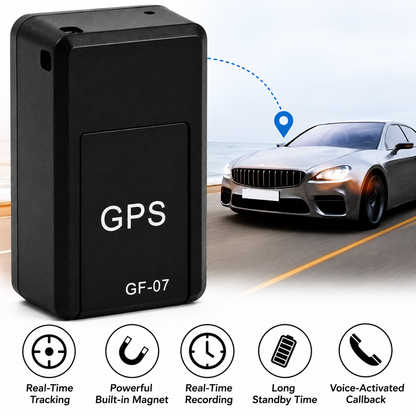 Großaufnahme des schwarzen Trackers vor einer Küstenstraße mit grauem Auto und Standortsymbol, darunter fünf Symbole für die Funktionen. 4