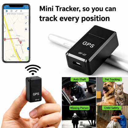 Detail: Collage mit Tracker, Smartphone-Karte und Anwendungsbeispielen für Diebstahlschutz, Haustiere, vermisste Personen und Kindersicherheit.