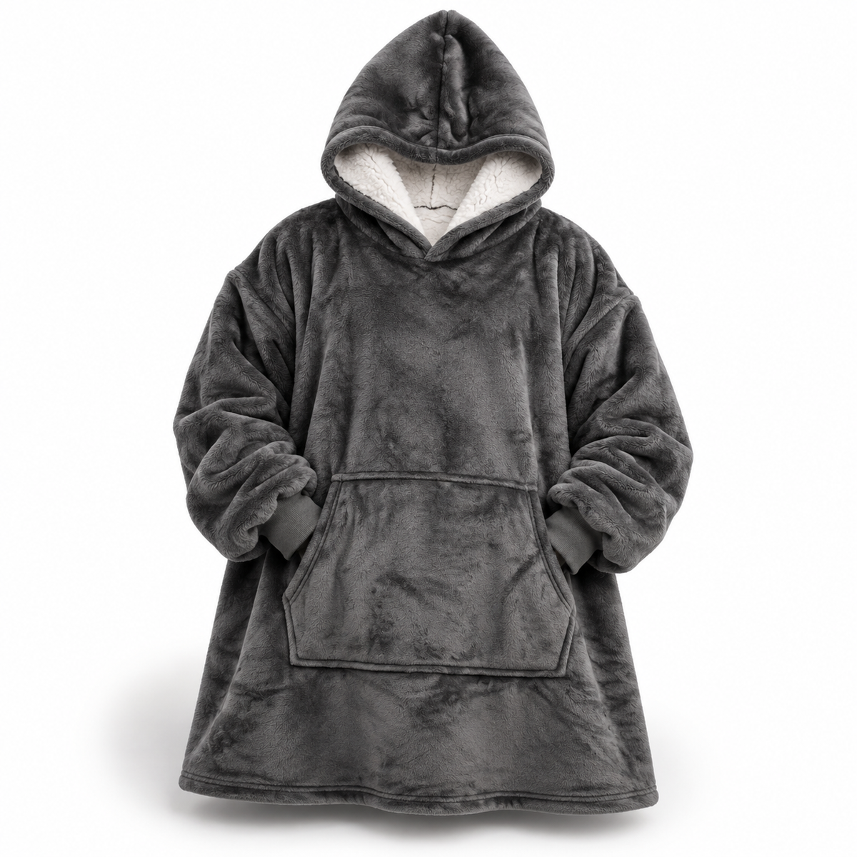 Dunkelgraue Ultraweiche Oversize-Sherpa-Hoodie-Decke (mit Tasche) von vorne mit weißem Sherpa-Futter in der Kapuze und großer Bauchtasche.
