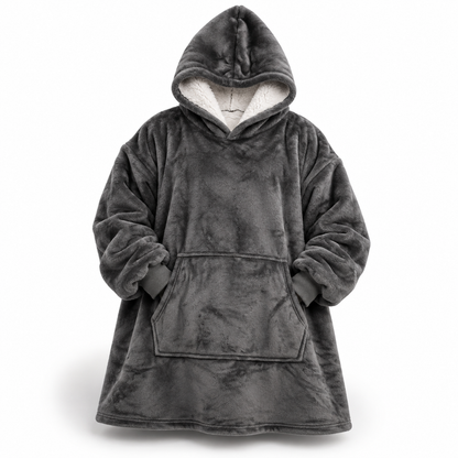 Dunkelgraue Ultraweiche Oversize-Sherpa-Hoodie-Decke (mit Tasche) von vorne mit weißem Sherpa-Futter in der Kapuze und großer Bauchtasche.
