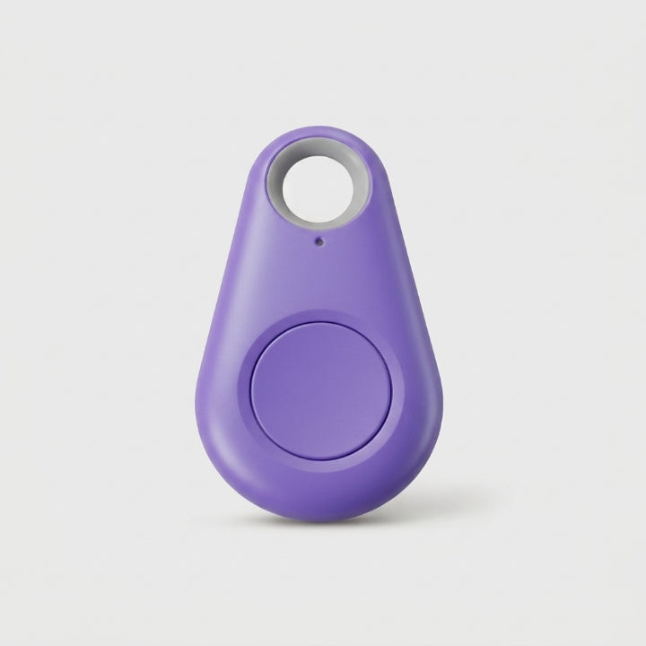 Violetter tropfenförmiger Tracker mit runder Taste und Öse, Einzelansicht vor hellem Hintergrund 9