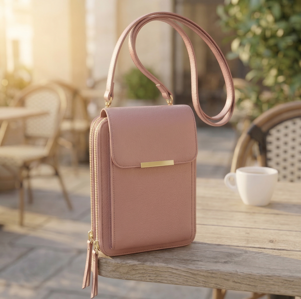 Altrosa Damen-Crossbody-Handybrieftasche mit goldfarbener Spange und Reißverschlussquasten