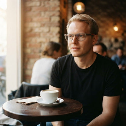 Mann in schwarzem T-Shirt sitzt mit einer Tasse Kaffee in einem Café und trägt die Brille mit grauem Rahmen. 4