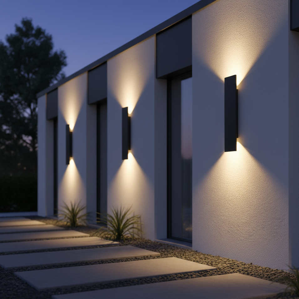 Mehrere schwarze Wandleuchten an einer weißen Hausfassade am Abend, mit Lichtkegeln auf der Wand.