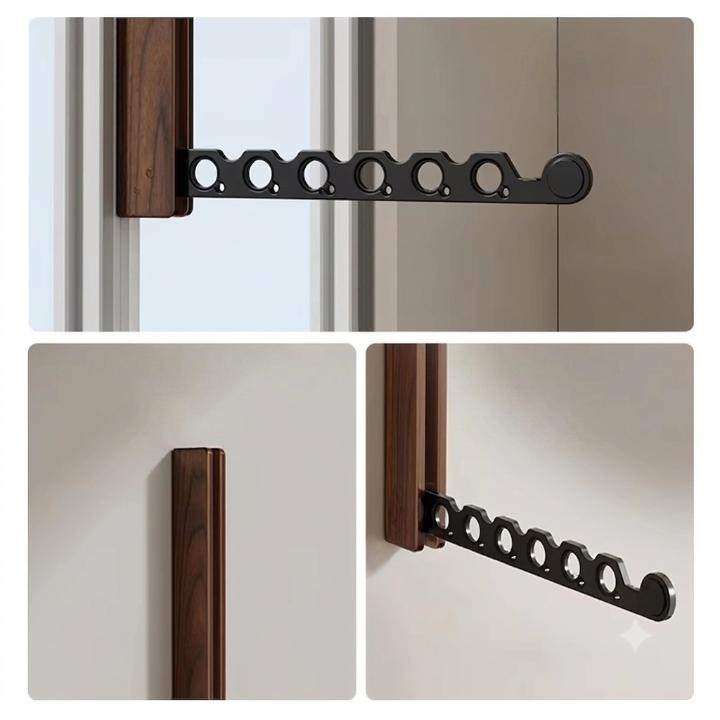 Collage mit Detailansichten: ausgeklappter schwarzer Arm mit Löchern, eingeklappter Holzhaken und Seitenansicht des Gelenks. 8