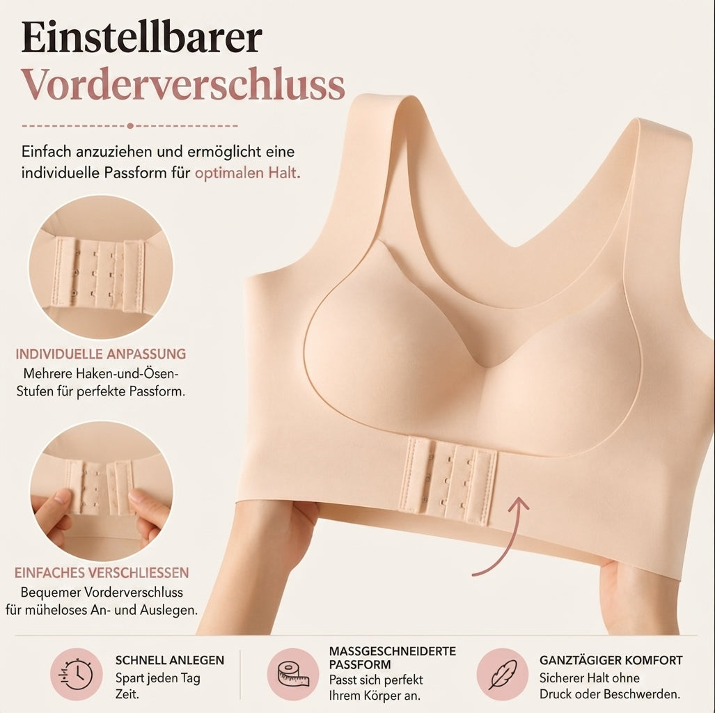 BH zur Haltungskorrektur in Beige mit Frontverschluss und Nahaufnahme der Hakenreihen