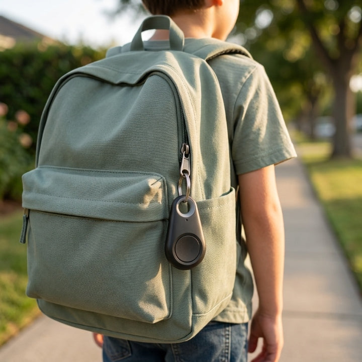 Kind von hinten trägt einen graugrünen Rucksack, an dessen Reißverschluss der schwarze Tracker befestigt ist 2
