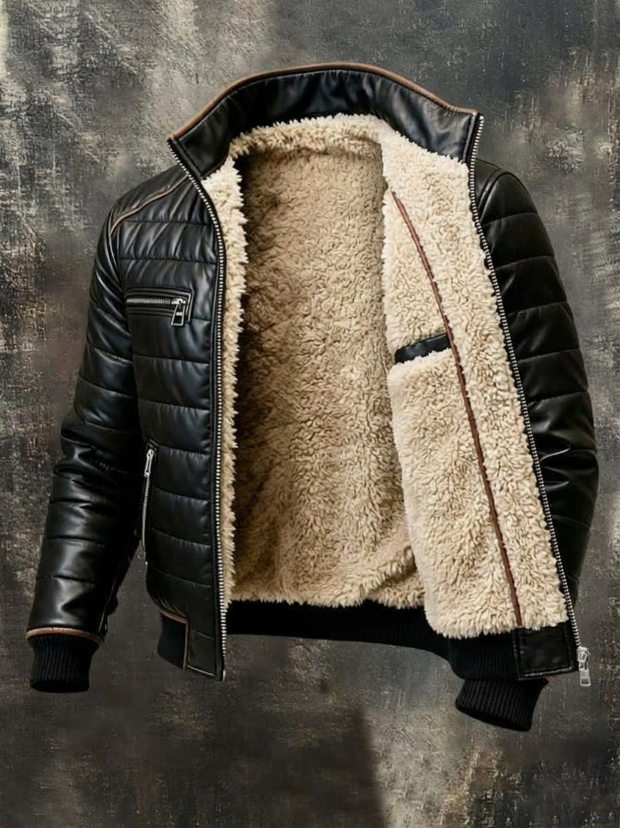 Geöffnete schwarze Steppjacke von innen: beiges Fleecefutter, Innentasche und gerippte Bündchen sichtbar 2