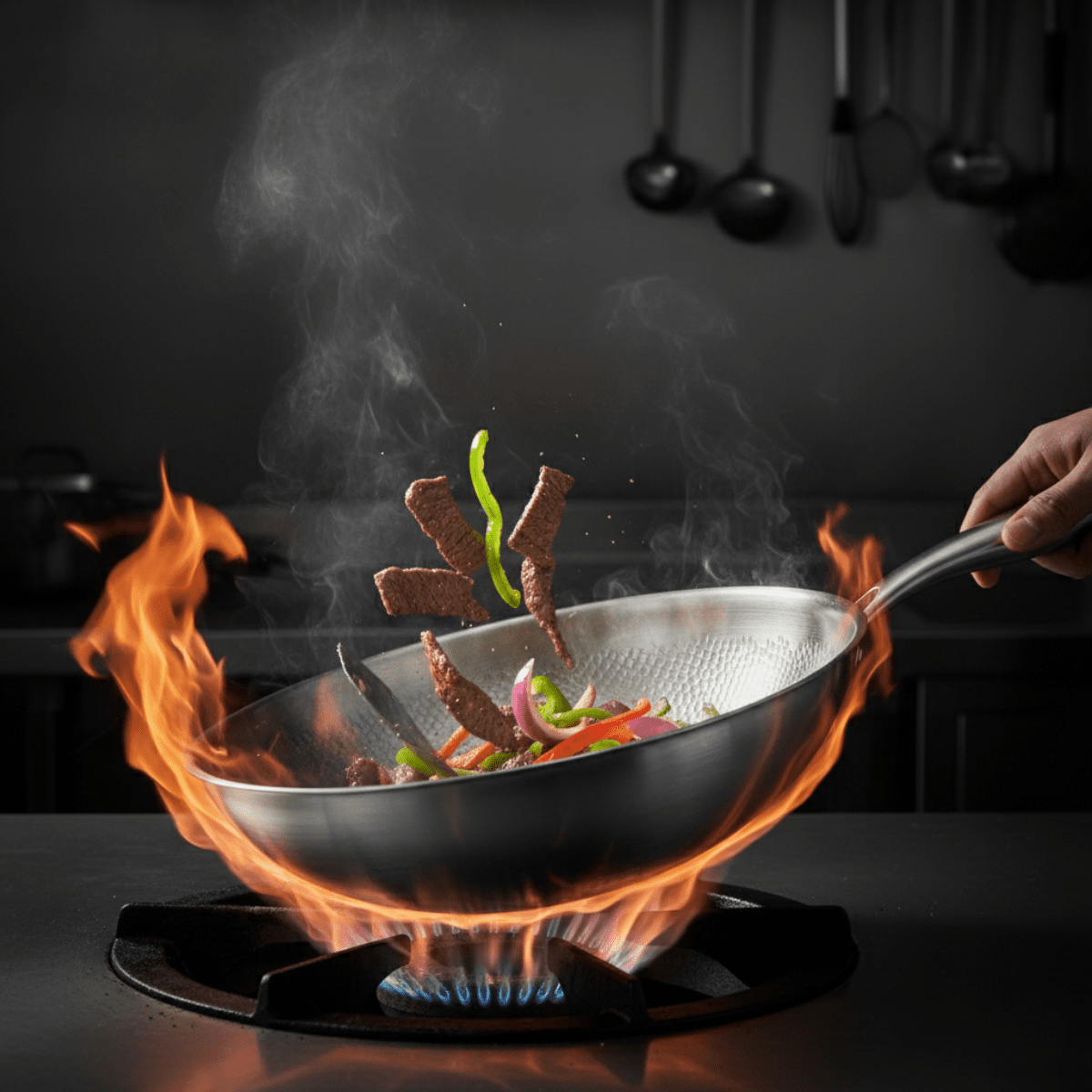 Wokpfanne aus Titan mit Fleischstreifen und Paprika in hohen Flammen eines Gasherds, eine Hand hält den Griff.