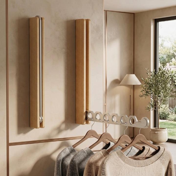 Ein eingeklappter und ein ausgeklappter heller Holzhaken an einer beigen Wand, am Arm hängen Pullover an Holzbügeln. 4