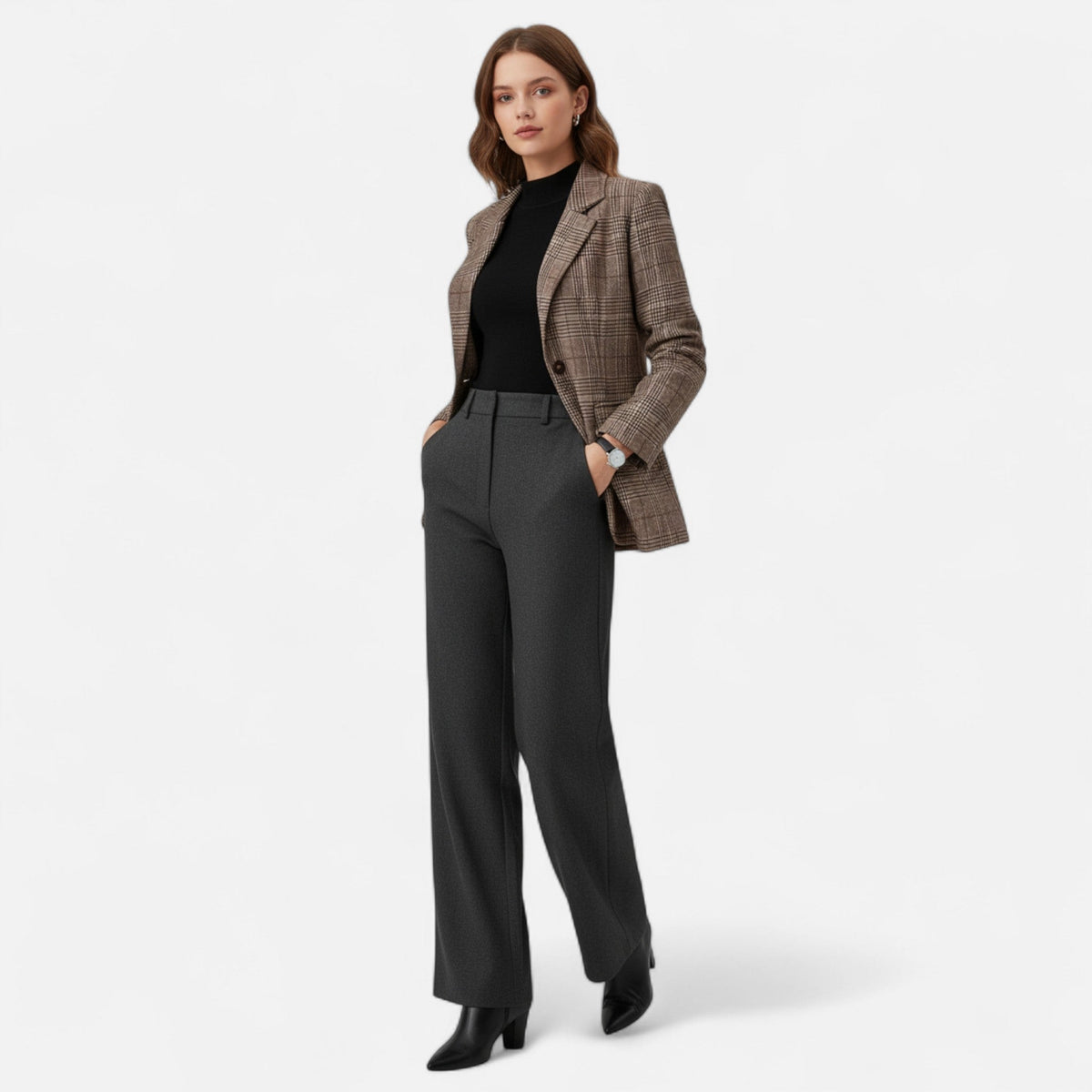 Karierter Blazer in Braun, Vorderansicht als Ganzkörperaufnahme.