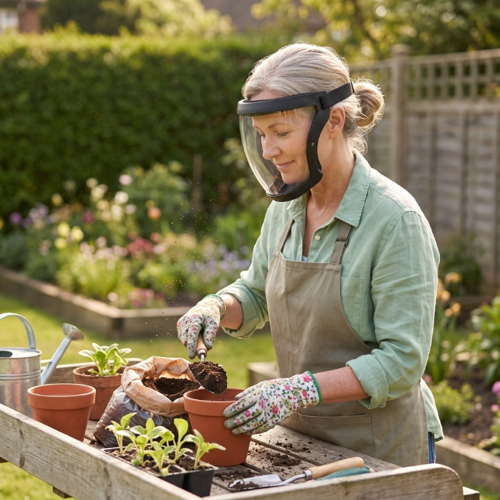 Ältere Frau mit Gartenschürze und Handschuhen füllt Blumentöpfe mit Erde und trägt dabei die klare Vollgesichtsmaske. 3