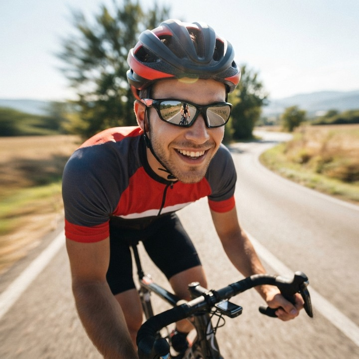 Lächelnder Radfahrer mit Helm trägt die Sportbrille mit verspiegelten Gläsern auf einer sonnigen Landstraße 2