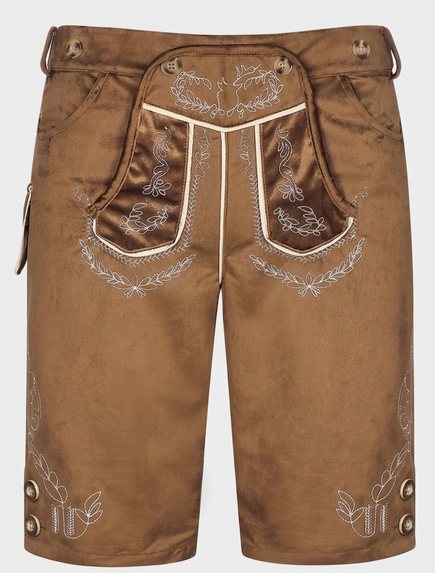Frontansicht der braunen Kniebundhose mit glänzenden Taschenklappen, Hirschstickerei am Latz und Knöpfen am unteren 5