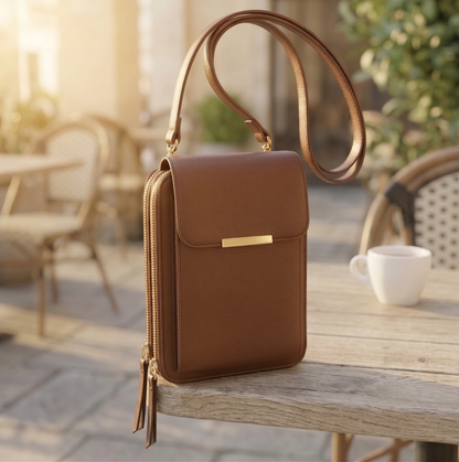 Cognacbraune Damen-Crossbody-Handybrieftasche mit goldfarbenen Reißverschlüssen und schmalem Riemen