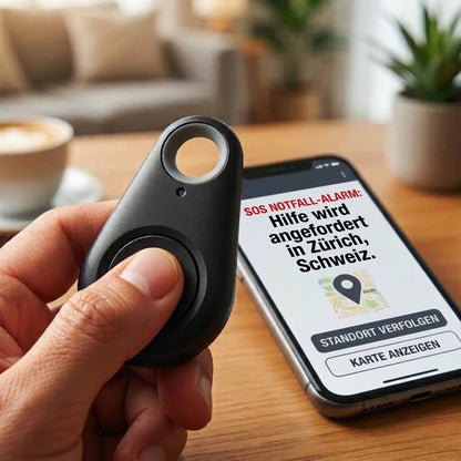 Hand drückt die Taste des schwarzen Trackers, daneben ein Smartphone mit Notruf-Meldung und Kartenansicht 4