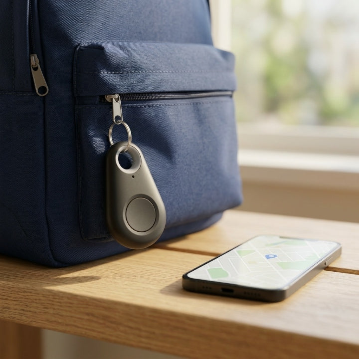 Tropfenförmiger Tracker hängt am Reißverschluss eines blauen Rucksacks, daneben ein Smartphone mit Kartenansicht auf einem 1