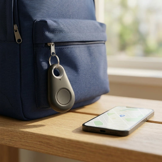 Tropfenförmiger Tracker hängt am Reißverschluss eines blauen Rucksacks, daneben ein Smartphone mit Kartenansicht auf einem 1