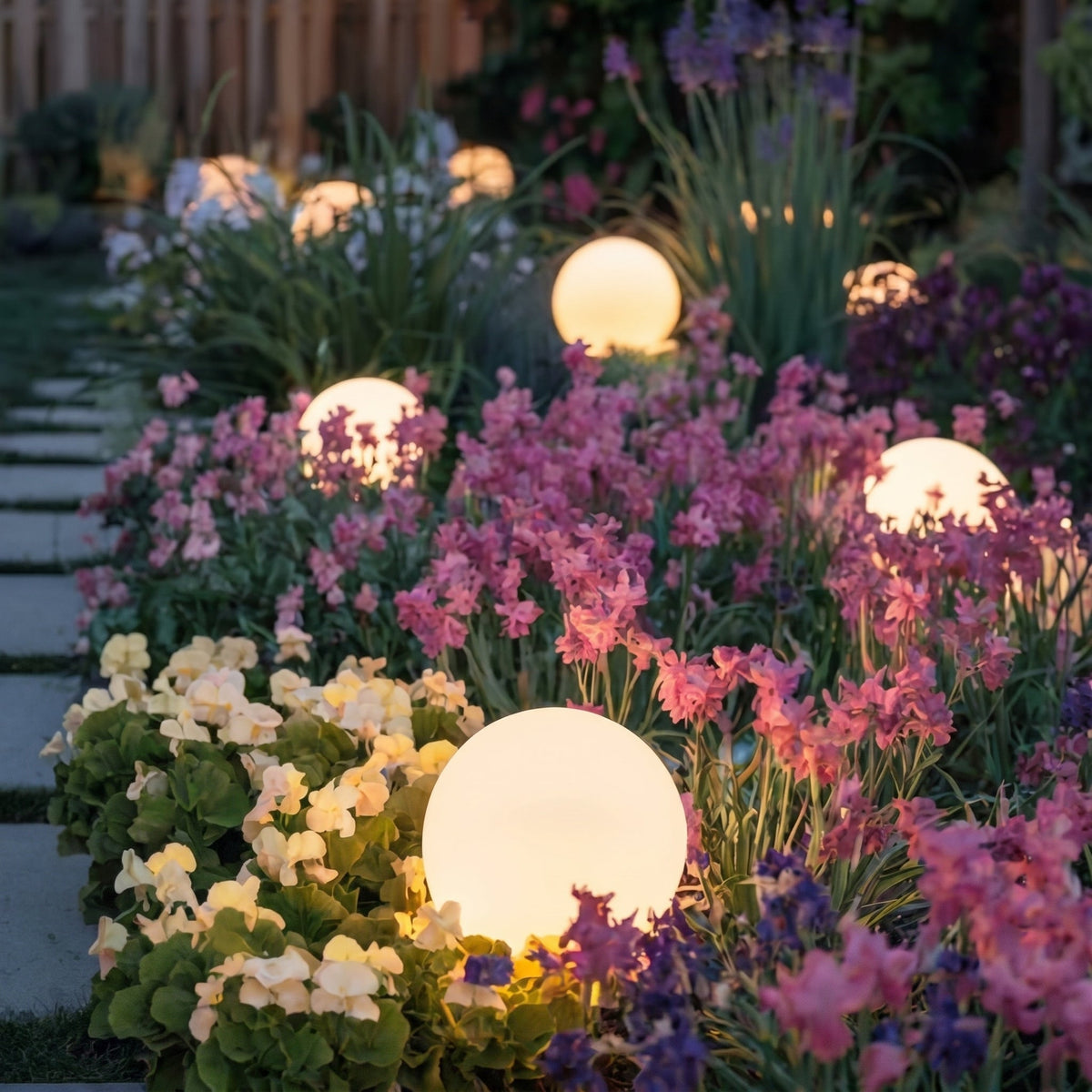 Warm leuchtende Kugelleuchten zwischen Blumen am Rand eines Plattenwegs. 7